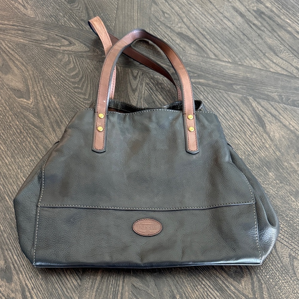 Fossil Black Leather Tote Brown Top Handles